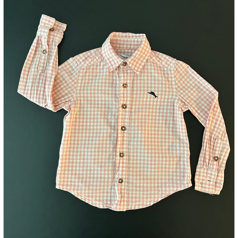 Tommy Bahama Boys Pink Gingham Check Long Sleeve Button Down Shirt 4 XS (1287)
